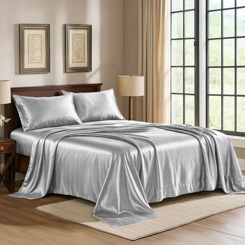 Pure Bedding Satin Sheets Twin [3-Piece, Silver] Hotel Luxury Silky Bed Sheets - Extra Soft 1800 Microfiber Sheet Set, Wrinkle, Fade, Deep Pocket Fitted Sheet, Flat Sheet, Pillow Cases - Image 1